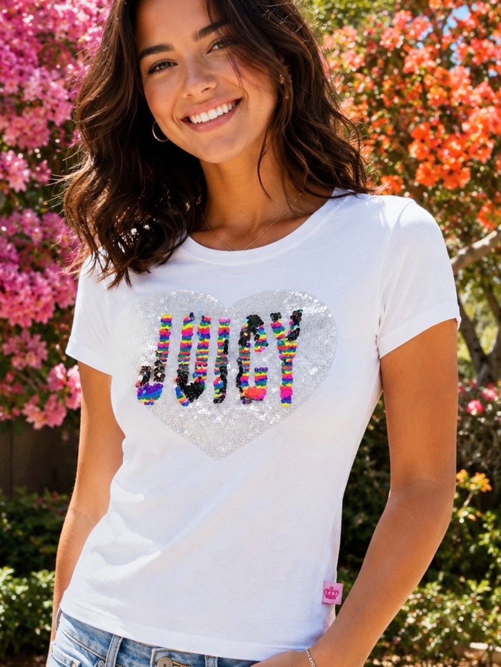 Juicy Couture Rainbow Sequin Heart Graphic Tee – Women’s XL Plus